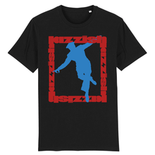 Load image into Gallery viewer, black t-shirt a print on the front of a  square made from red text with a blue dance silhouette inside it
