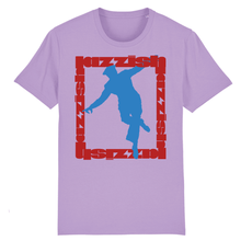 Load image into Gallery viewer, Lavender t-shirt a print on the front of a  square made from red text with a blue dance silhouette inside it
