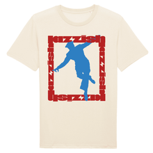 Load image into Gallery viewer, Natural color t-shirt a print on the front of a  square made from red text with a blue dance silhouette inside it
