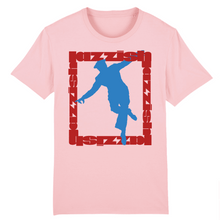 Load image into Gallery viewer, Pink t-shirt a print on the front of a  square made from red text with a blue dance silhouette inside it
