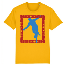 Load image into Gallery viewer, Yellow t-shirt a print on the front of a  square made from red text with a blue dance silhouette inside it
