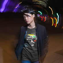 Load image into Gallery viewer, trendy girl wearing a monk always  t shirt while walking on the street at night
